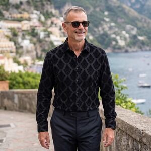 Six Lincoln New York Mens Black Damask Flocked Velvet Button Down Shirt GW9S16 S